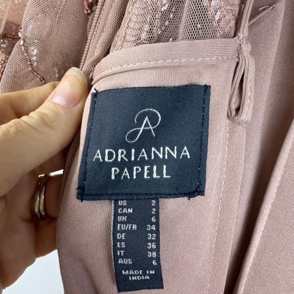 Adrianna Papell Beaded Sequin Mesh Midi Dress Rose Gold Flutter‎ Sleeve Size 2 - Picture 10 of 16